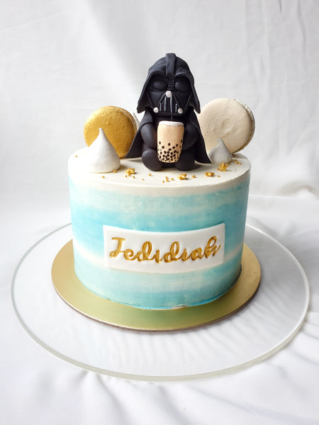 Darth Vader holding bubble tea cake