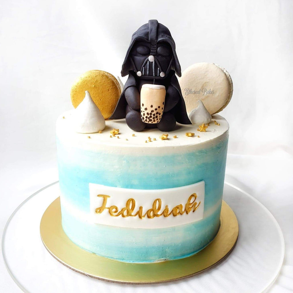 Darth Vader figurine cake with gold calligraphy name plaque