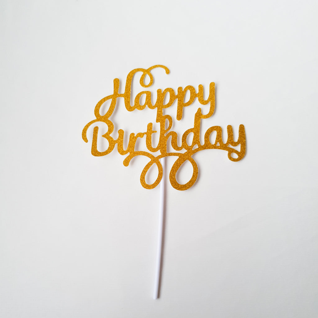Gold glittered happy birthday cake topper